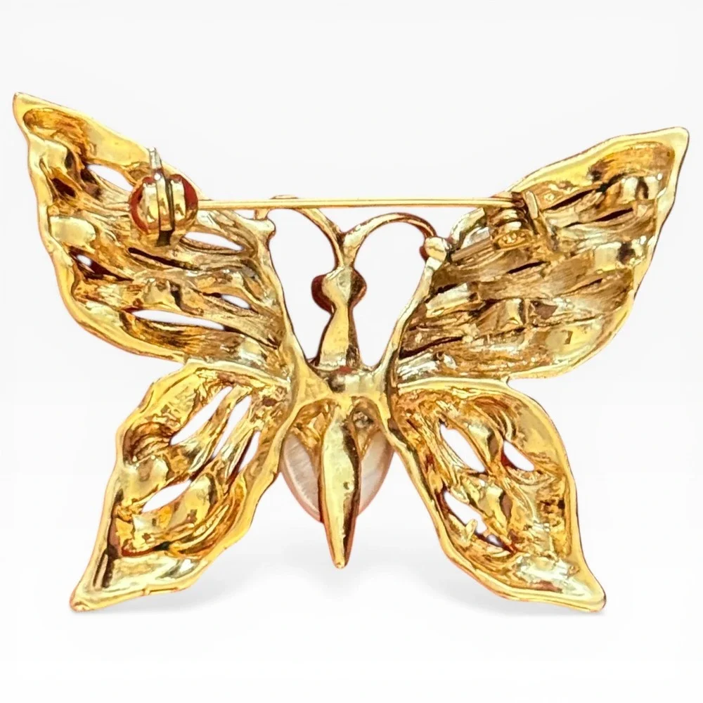 Vintage Gold Tone Multi‎ Color Enamel Butterfly Brooch Faux Pearl Accent Pin